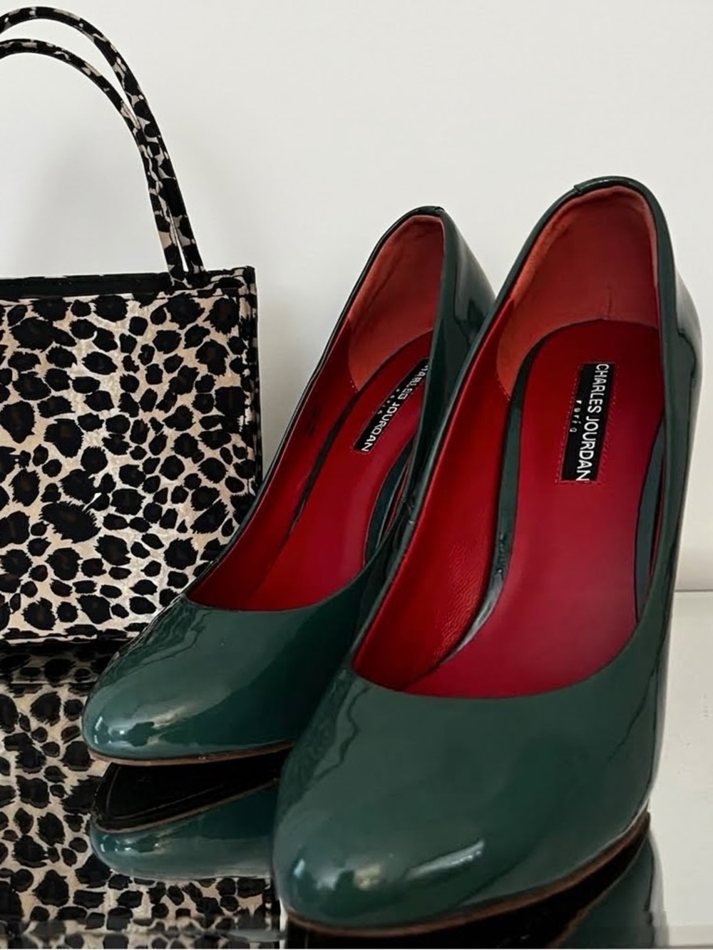 Vintage 90s Charles Jourdan Emerald Green Patent Pumps w/ Winged Flare Stiletto